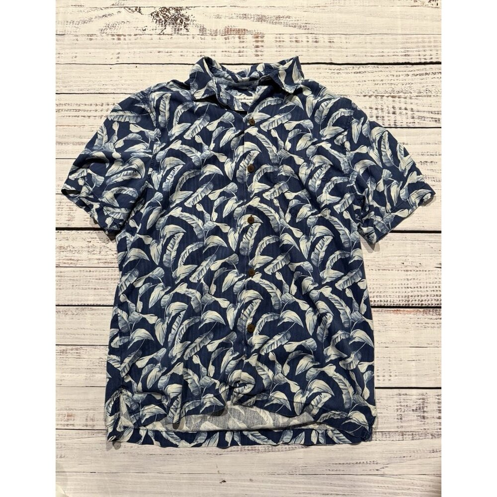 Tommy Bahama Mens Hawaiian Medium Shirt Button Up Blue Feathers Leaves Silk